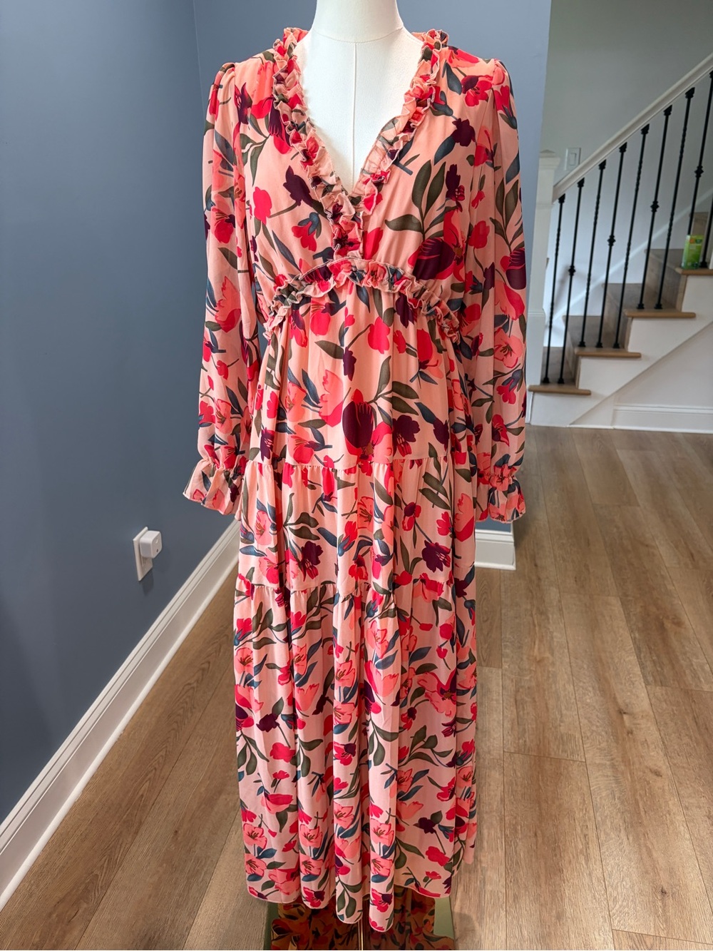 Pink Floral Ruffle Tiered Maxi Dress Long Sleeve Boho Romantic